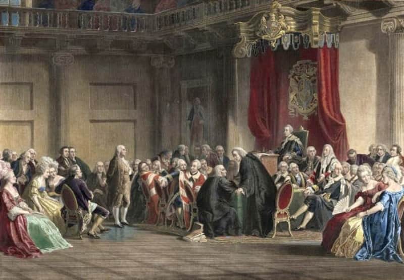 Франклин Б. перед Советом лордов в Лондоне, 1774. Гравюра, раскрашеннаяот руки. Библиотека Национального конгресса